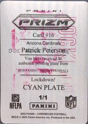 PATRICK PETERSON 2020 Panini Prizm Lockdown PRINTING PLATE 1/1 Cardinals Vikings