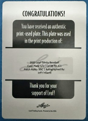 JEFF CRISWELL 2020 Leaf Trinity AUTO PRINTING PLATE SP 1/1 A's Athletics Rockies