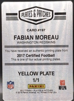 FABIAN MOREAU 2017 Panini Certified RC PRINTING PLATE SP #1/1 Vikings Washington