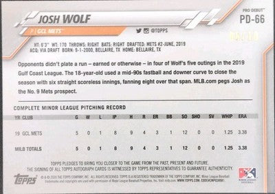 JOSH WOLF 2020 Topps Pro Debut RC AUTO Red SP #06/10 GCL Mets Guardians Giants