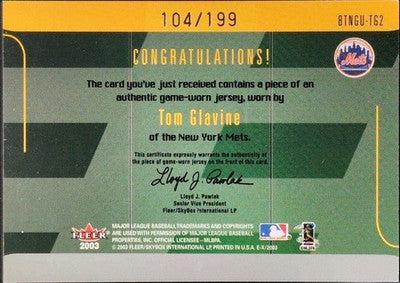 TOM GLAVINE 2003 Fleer EX Behind The Numbers GAME-USED JERSEY Relic SP /199 Mets