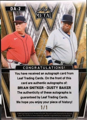 Brian SNITKER Dusty BAKER 2024 Leaf Metal DUAL AUTO Gold Vinyl 1/1 Braves Giants
