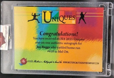 JOE BEGGS 2025 Historic HA Uniques CUT AUTO SP #1/1 Yankees Reds Giants Mel Ott