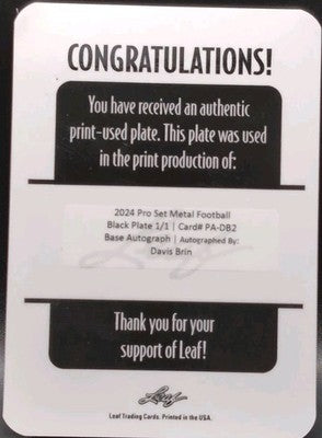 DAVIS BRIN 2024 Leaf Pro Set Metal AUTO PRINTING PLATE SP #1/1 Texans Tulsa GSU