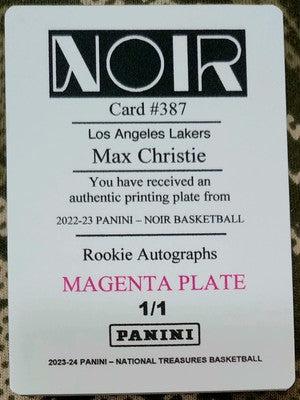 MAX CHRISTIE 2022-23 Panini Noir RC Autographs PRINTING PLATE SP 1/1 Lakers Mavs