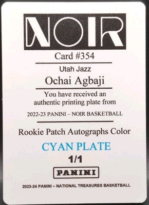 OCHAI AGBAJI 2022-23 Panini Noir RC Patch Auto Color PRINTING PLATE SP #1/1 Jazz