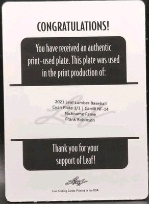 FRANK ROBINSON 2021 Leaf Lumber Nickname Judge PRINTING PLATE #1/1 Orioles Reds