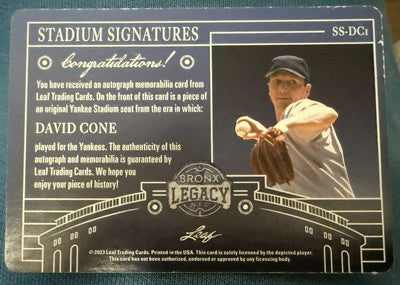DAVID CONE 2023 Leaf A Bronx Legacy Stadium AUTO PRINTING PLATE SP #1/1 Yankees