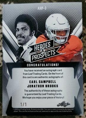 Earl CAMPBELL Jonathon BROOKS 2024 Leaf Heroes & Prospects DUAL AUTO Gold SP 1/1