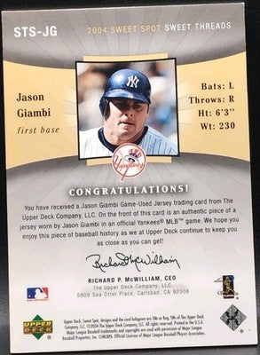 JASON GIAMBI 2004 UD Sweet Spot Threads GAME-USED WORN JERSEY Relic Yankees A's