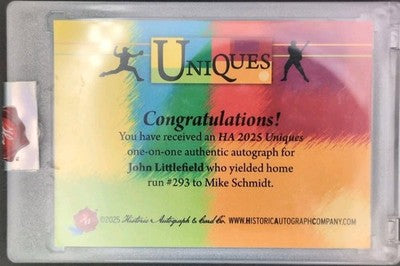 JOHN LITTLEFIELD 2025 HA Uniques CUT AUTO #1/1 Cardinals Padres Mike Schmidt HR