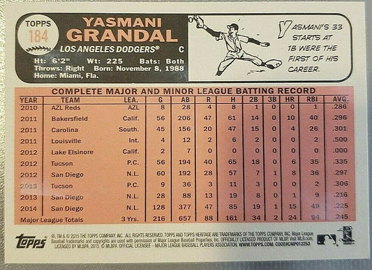 YASMANI GRANDAL 2015 Topps Heritage SP Gum Stain Back Variation White Sox Padres