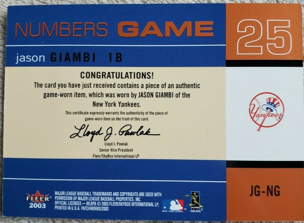 JASON GIAMBI 2003 Fleer Patchworks Numbers Dual Game Worn Jersey SP A's Yankees