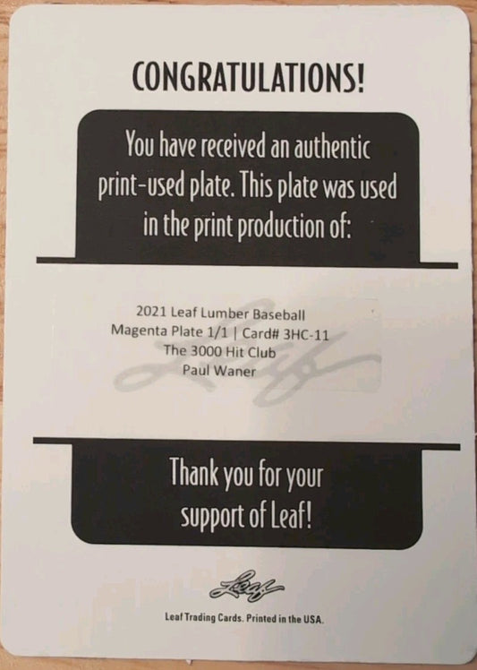 PAUL WANER 2021 Leaf Lumber 3000 Hit Club PRINTING PLATE SP #1/1 Pirates Dodgers