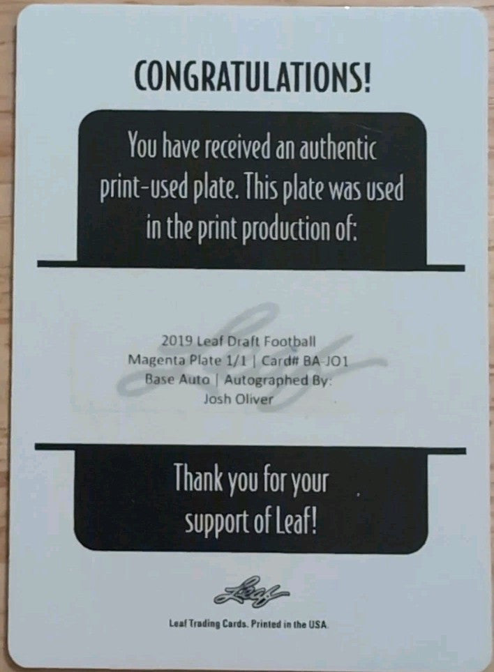 JOSH OLIVER 2019 Leaf Draft RC AUTO PRINTING PLATE SP 1/1 Jaguars Vikings Ravens