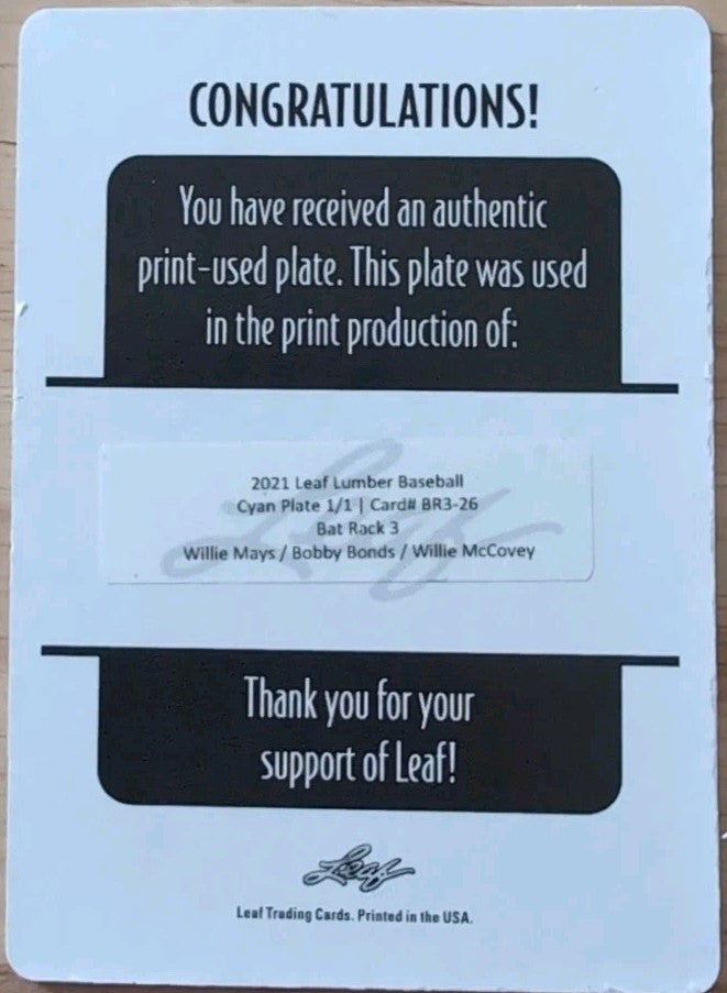 Willie MAYS Barry BONDS McCOVEY 2021 Lumber Bat Rack 3 PRINTING PLATE 1/1 Giants