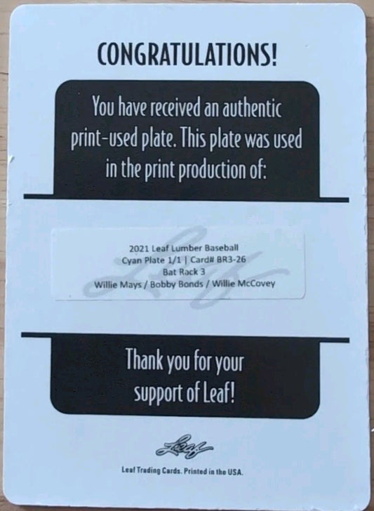 Willie MAYS Barry BONDS McCOVEY 2021 Lumber Bat Rack 3 PRINTING PLATE 1/1 Giants
