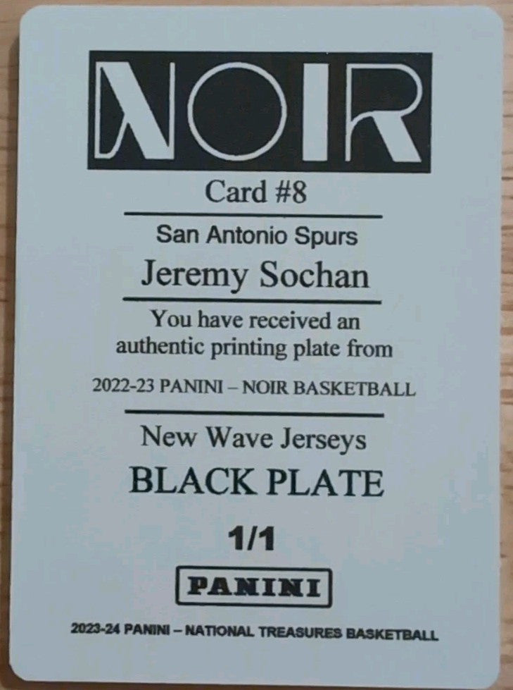 JEREMY SOCHAN 2022-23 Panini Noir New Wave Jersey RC PRINTING PLATE SP 1/1 Spurs