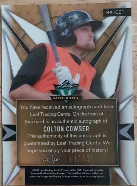 COLTON COWSER 2021 Leaf Valiant RC AUTO Navy Blue XRC SP #/75 Baltimore Orioles