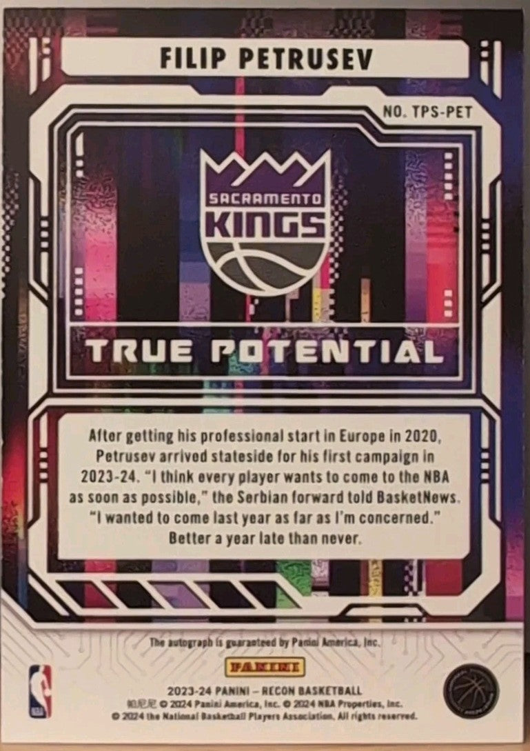FILIP PETRUSEV 2023-24 Panini Recon True Potential AUTO Purple #/49 Kings 76ers