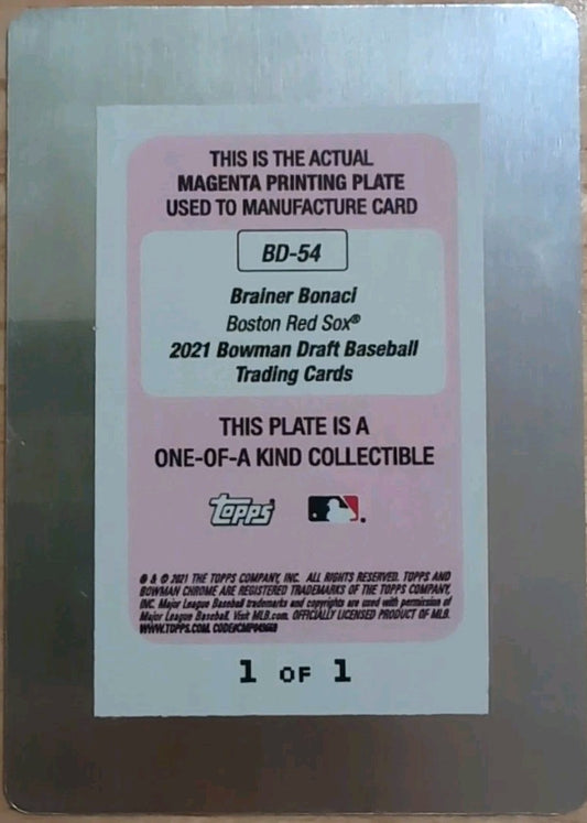 BRAINER BONACI 2021 Topps Bowman Draft RC PRINTING PLATE SP #1/1 Red Sox One of
