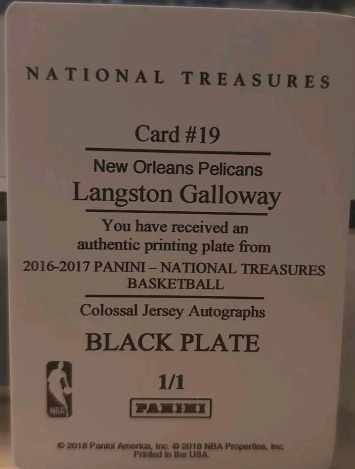 LANGSTON GALLOWAY 2016-17 Panini National Treasures PRINTING PLATE #1/1 Pelicans