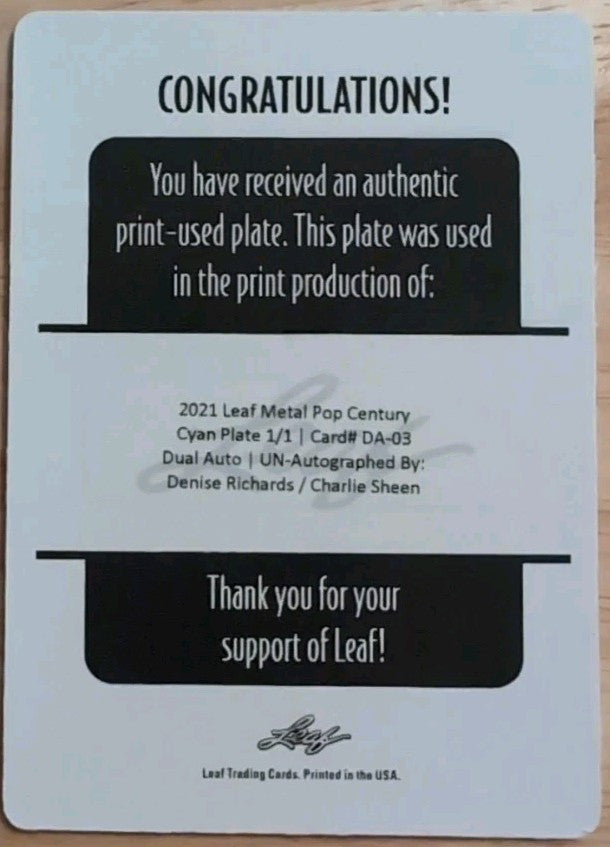 Charlie SHEEN Denise RICHARDS 2021 Pop Century PRINTING PLATE #1/1 Major League