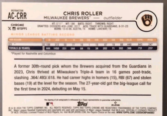 CHRIS ROLLER 2024 Topps Chrome Update RC AUTO Refractor #/499 Milwaukee Brewers