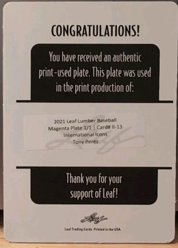 TONY PEREZ 2021 Leaf Lumber International Icons PRINTING PLATE SP #1/1 Reds Cuba