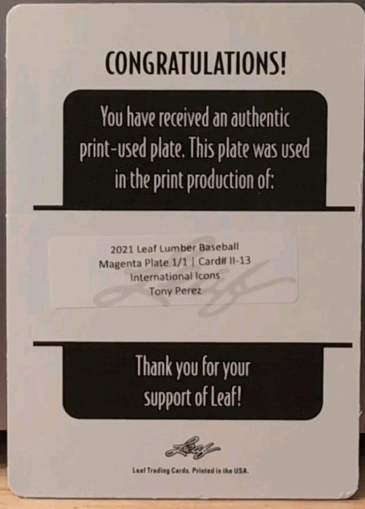 TONY PEREZ 2021 Leaf Lumber International Icons PRINTING PLATE SP #1/1 Reds Cuba