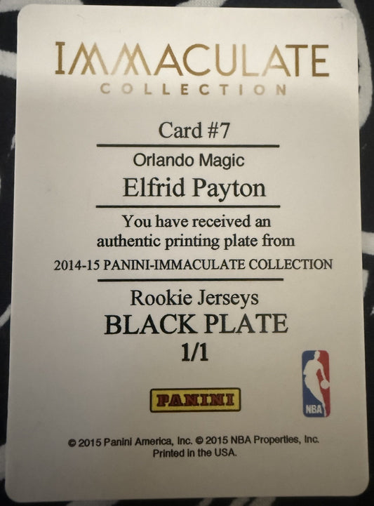 ELFRID PAYTON 2014-15 Panini Immaculate Rookie Jersey PRINTING PLATE #1/1 Magic