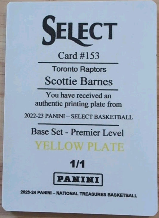 SCOTTIE BARNES 2022-23 Panini Select Premier Level PRINTING PLATE SP 1/1 Raptors