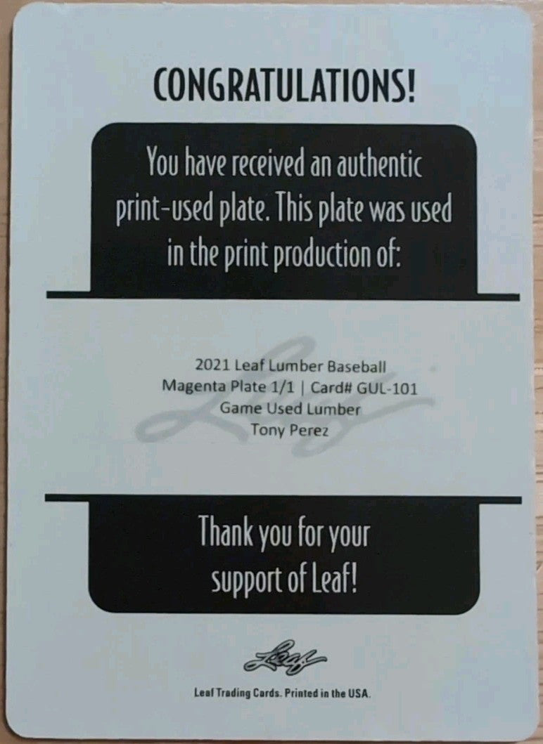 TONY PEREZ 2021 Leaf Game Used Lumber PRINTING PLATE SP #1/1 Reds Expos Red Sox