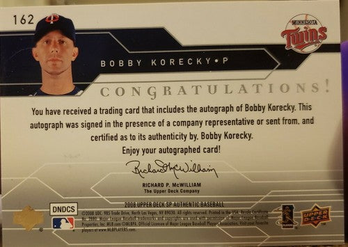 BOBBY KORECKY 2008 Upper Deck SP Authentic Rookie AUTO Autograph #/999 Twins RC