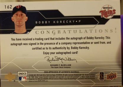 BOBBY KORECKY 2008 Upper Deck SP Authentic Rookie AUTO Autograph #/999 Twins RC