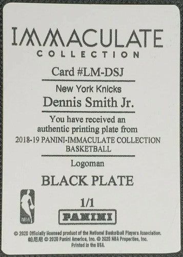 DENNIS SMITH JR. 2018-19 Panini Immaculate LOGOMAN PRINTING PLATE SP #1/1 Knicks