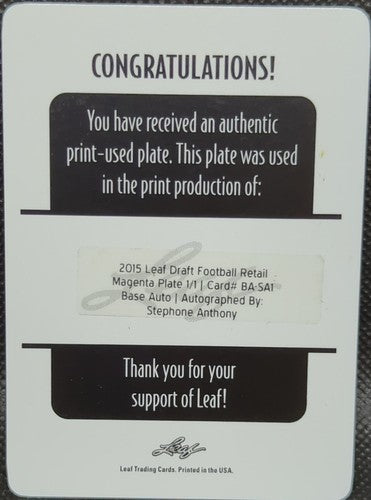 STEPHONE ANTHONY 2015 Leaf Draft Retail RC AUTO PRINTING PLATE 1/1 Saints One of