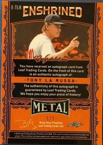 TONY LA RUSSA 2022 Leaf Metal Enshrined AUTO PEACOCK MOJO SP #1/1 Cardinals A's