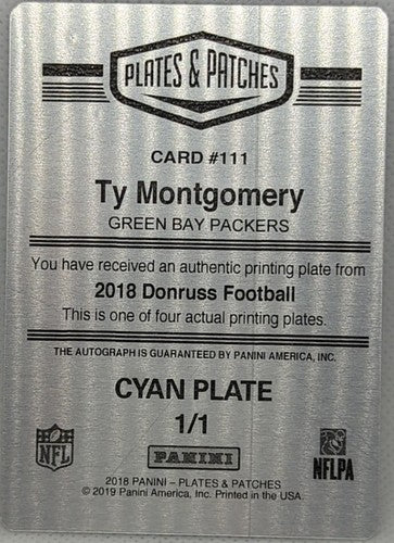 TY MONTGOMERY 2018 Panini Donruss AUTO PRINTING PLATE SP #1/1 Packers Patches of