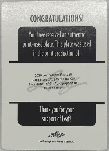 C. J. HENDERSON 2020 Leaf Valiant RC AUTO PRINTING PLATE 1/1 Jaguars Panthers CJ