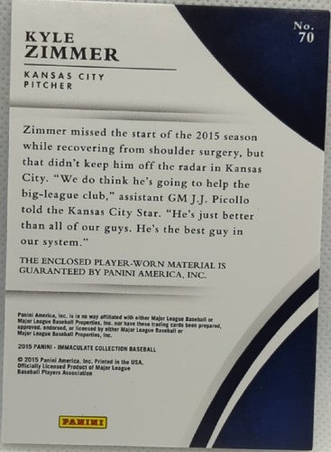 ð KYLE ZIMMER 2015 Panini Immaculate Jersey BUTTON PATCH Blue SP #3/6 KC Royals