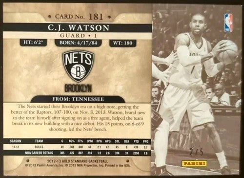 C. J. WATSON 2012-13 Panini Gold Standard 2013 National VIP #/5 Nets Warriors CJ