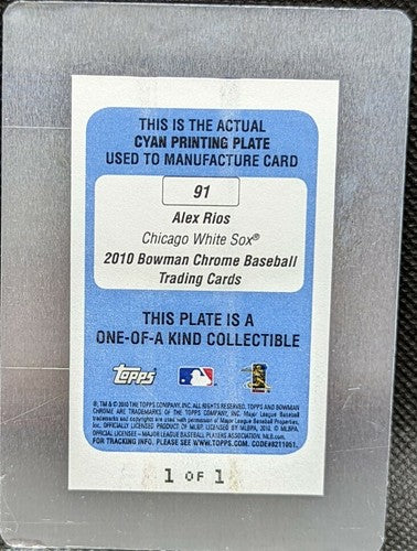 ALEX RIOS 2010 Topps Bowman Chrome PRINTING PLATE SP #1/1 Jays White Sox One of