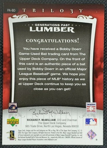 BOBBY DOERR 2005 Upper Deck Trilogy GAME USED BAT Lumber Relic SP #/115 Red Sox