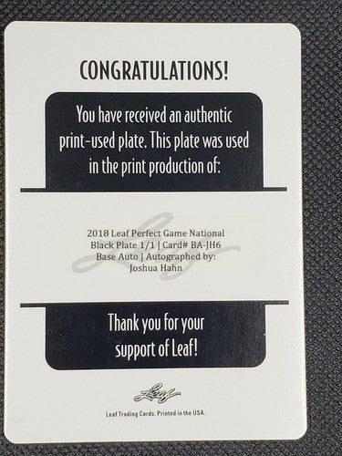 JOSHUA HAHN 2018 Leaf Perfect Game RC Base AUTO PRINTING PLATE SP #1/1 UCLA Josh