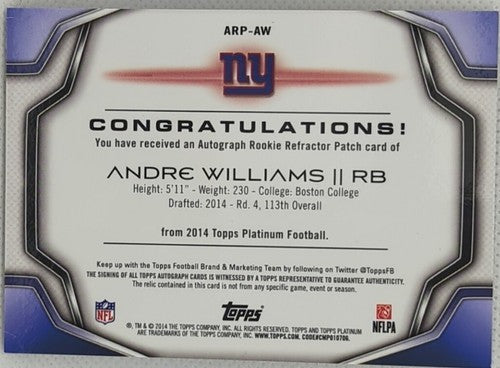 ANDRE WILLIAMS 2014 Topps Platinum DUAL RC AUTO JERSEY PATCH GOLD REFRACTOR #3/5