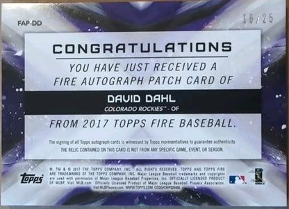 DAVID DAHL 2017 Topps Fire RC DUAL AUTO Jersey PATCH /25 Rockies Padres Phillies