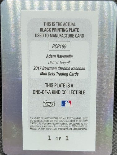 ADAM RAVENELLE 2017 Topps Bowman Chrome Mini RC PRINTING PLATE 1/1 Tigers One of