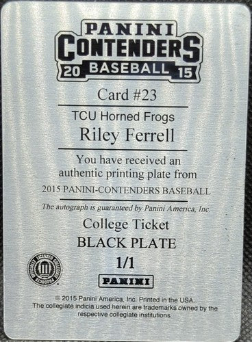 RILEY FERRELL 2015 Panini Contenders RC AUTO PRINTING PLATE SP 1/1 Astros TCU of