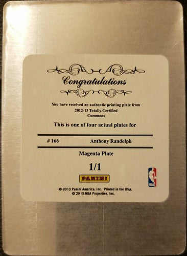 ANTHONY RANDOLPH 2012-13 Totally Certified PRINTING PLATE SP #1/1 Nuggets Wolves